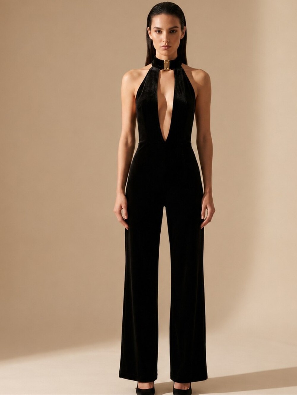 Black Velour Halter Jumpsuit Size Small Bodycon Stretch Wide Leg Retro Disco